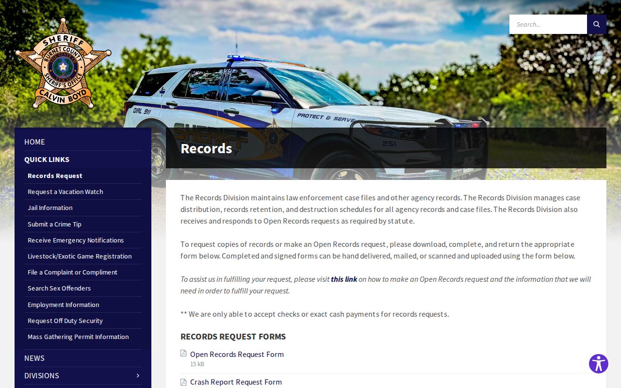 Burnet County 72-hour release record request page