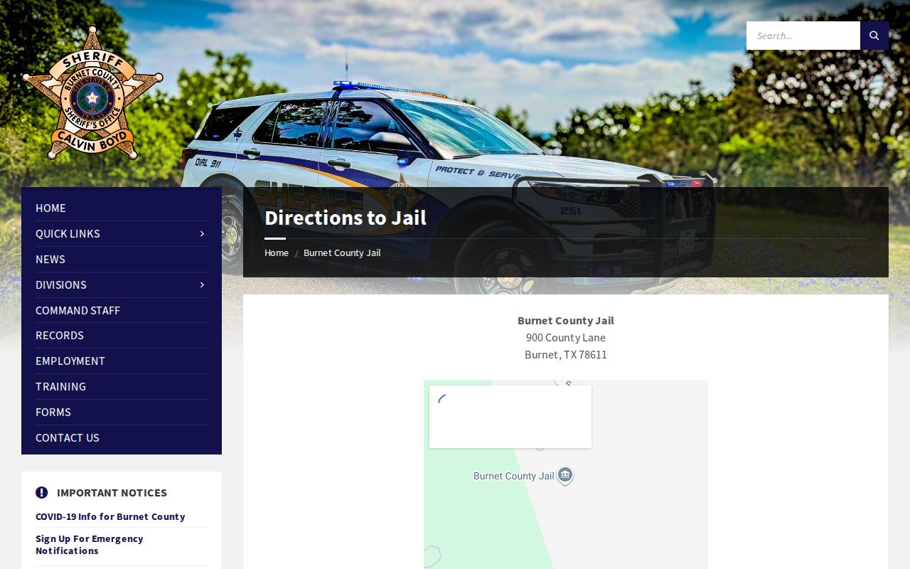 Burnet County Sheriff's Office directions page for Burnet County Jail