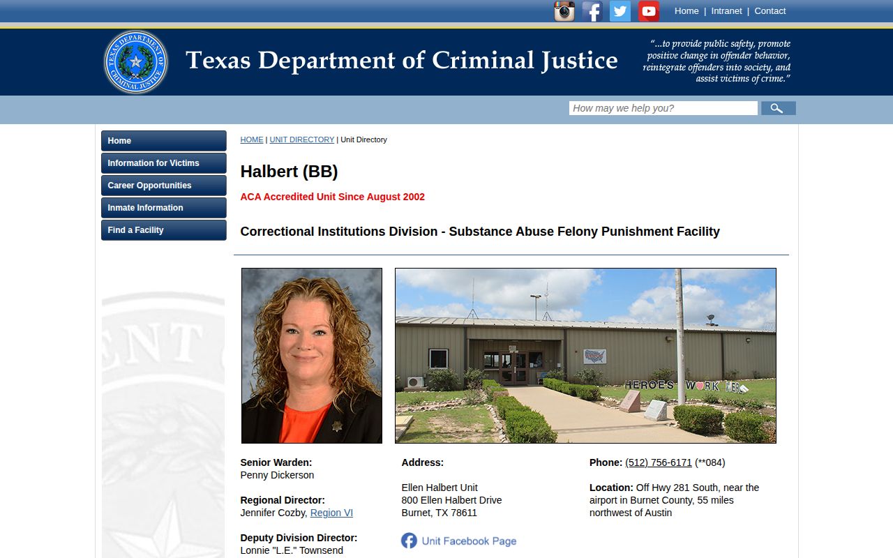 Texas Department of Criminal Justice directory page for Ellen Halbert Unit