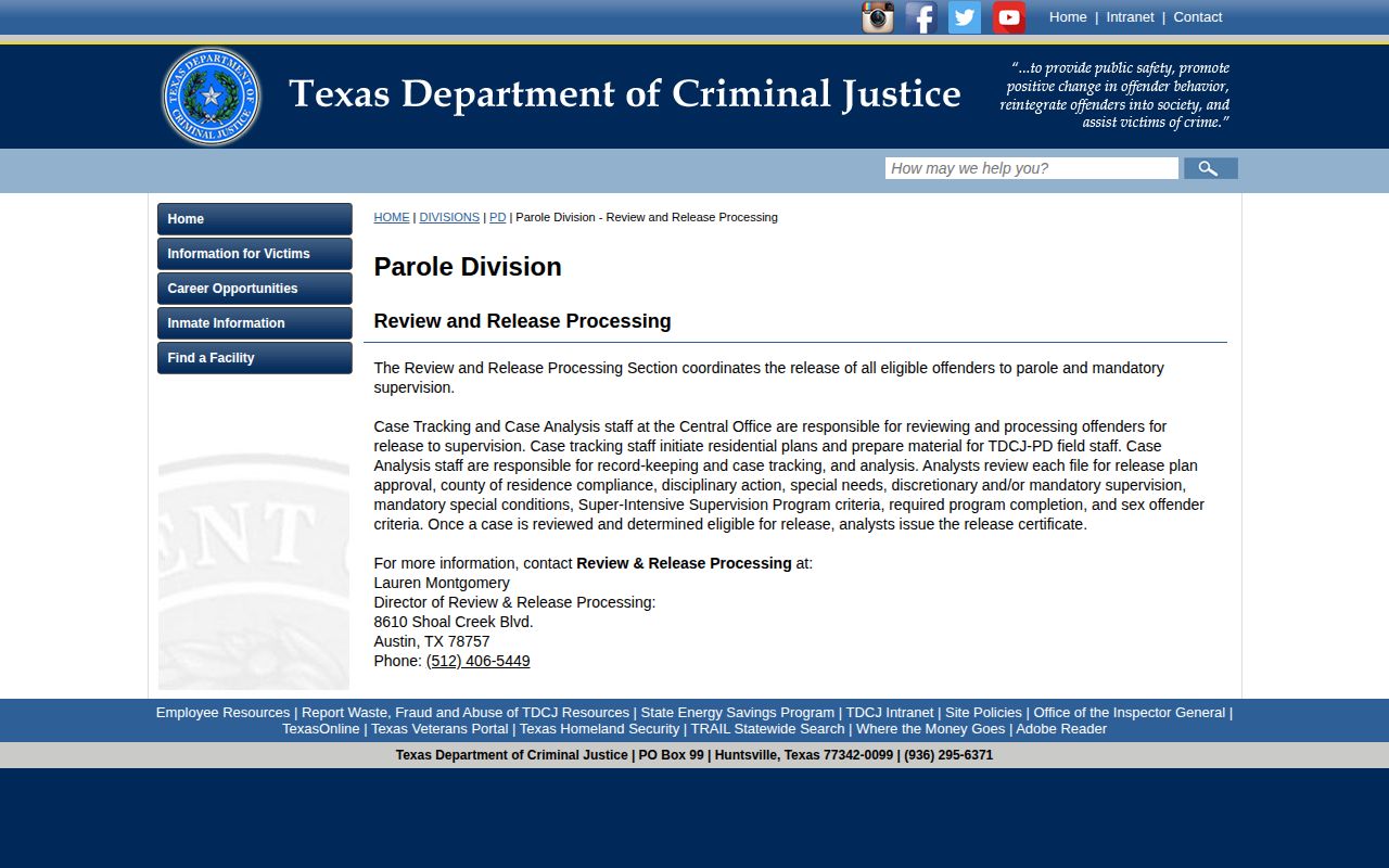 TDCJ review and release processing page for state prisoners